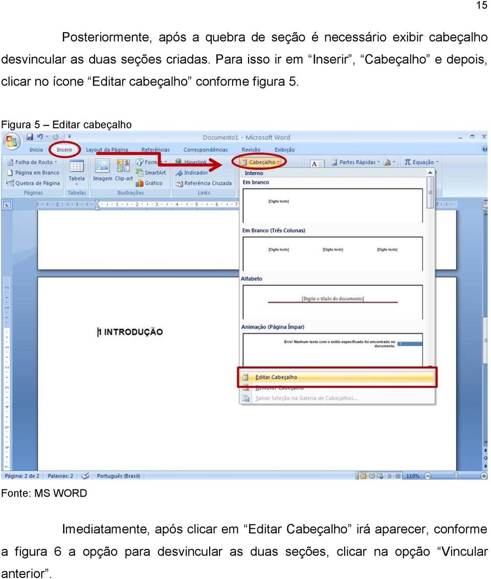 Para isso ir em Inserir, Cabeçalho e depois, clicar no ícone Editar cabeçalho conforme figura 5.