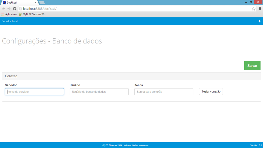 1.8 Utilize o ícone para retornar à tela Configuração. Selecione a opção Banco de dados, se for necessário alterar a base de dados: 1.9 No quadro Conexão, informe os campos Servidor, Usuário e Senha.