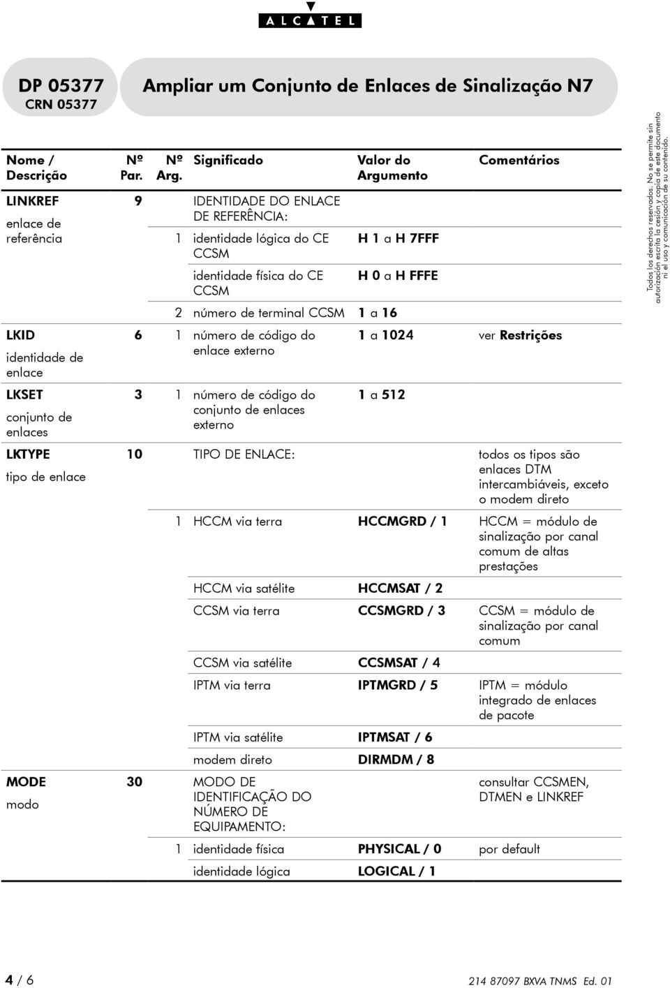 enlace externo 3 1 número de código do conjunto de enlaces externo Comentários 1 a 1024 1 a 512 10 TIPO DE ENLACE: todos os tipos são enlaces DTM intercambiáveis, exceto o modem direto 1 HCCM via