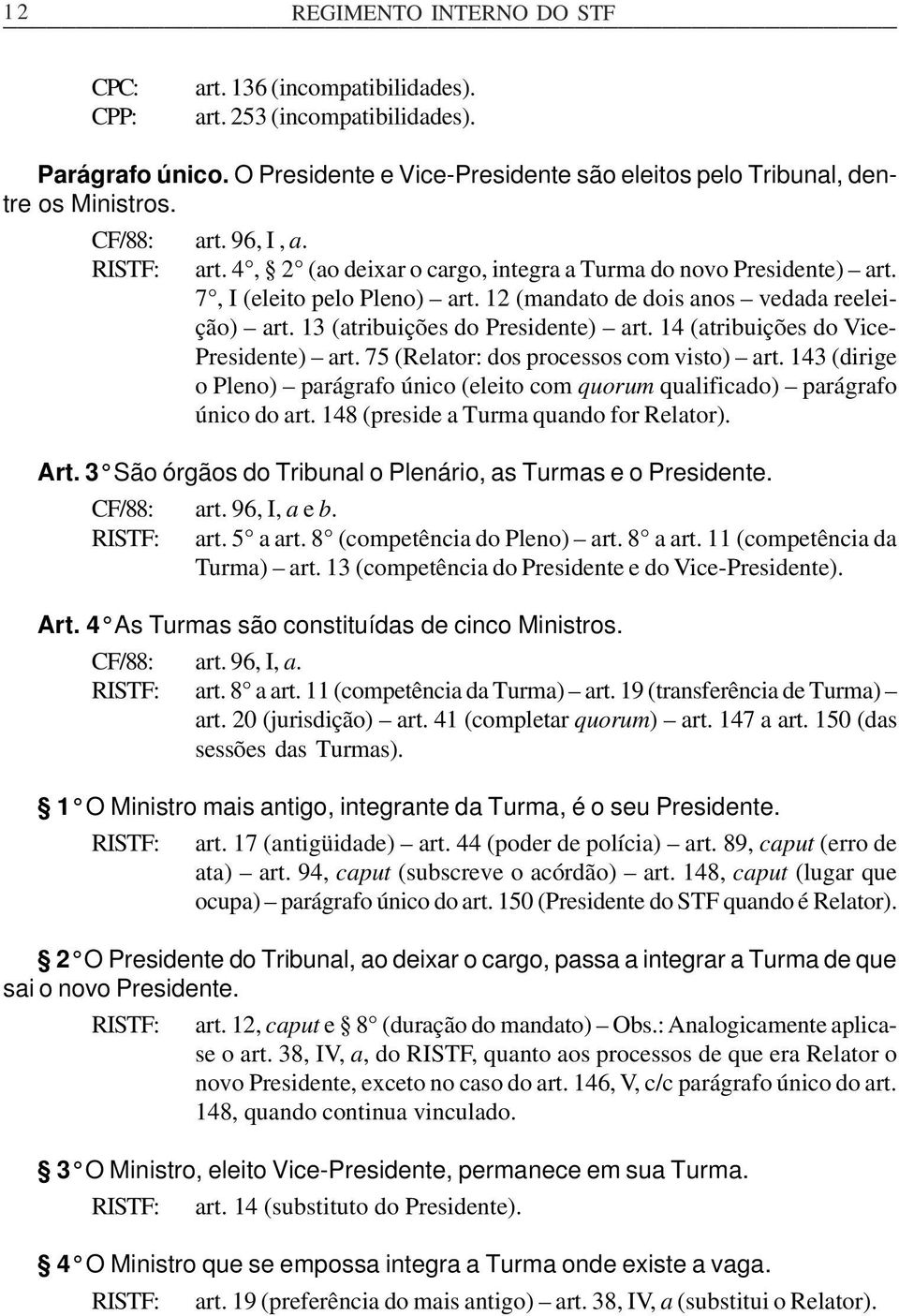 14 (atribuições do Vice- Presidente) art. 75 (Relator: dos processos com visto) art. 143 (dirige o Pleno) parágrafo único (eleito com quorum qualificado) parágrafo único do art.