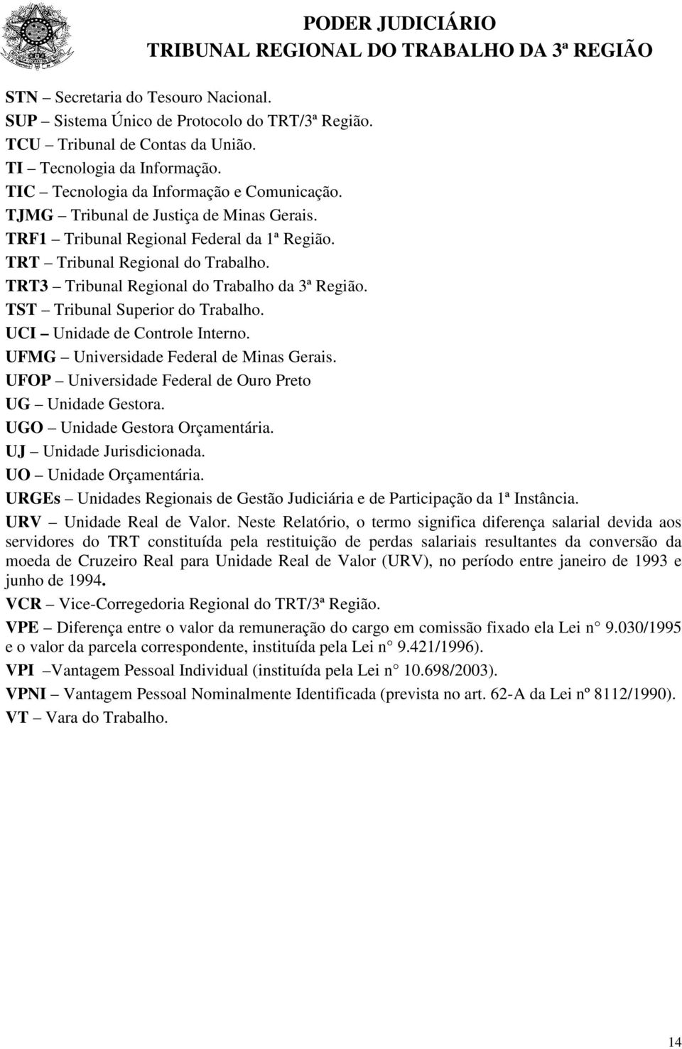 TST Tribunal Superior do Trabalho. UCI Unidade de Controle Interno. UFMG Universidade Federal de Minas Gerais. UFOP Universidade Federal de Ouro Preto UG Unidade Gestora.