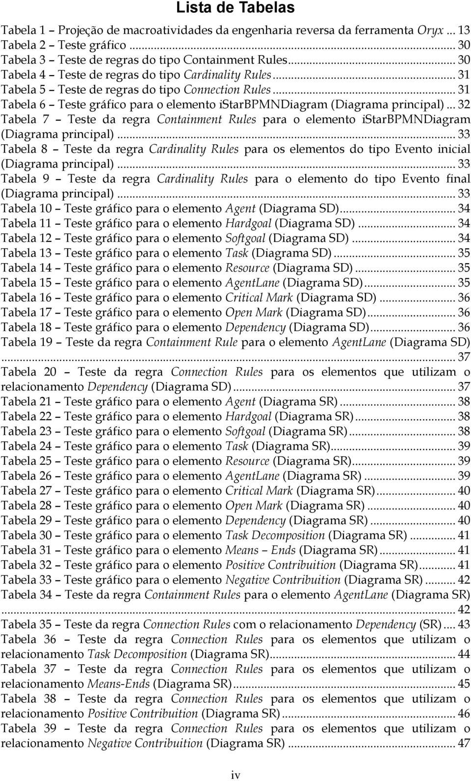 .. 32 Tabela 7 Teste da regra Containment Rules para o elemento istarbpmndiagram (Diagrama principal).