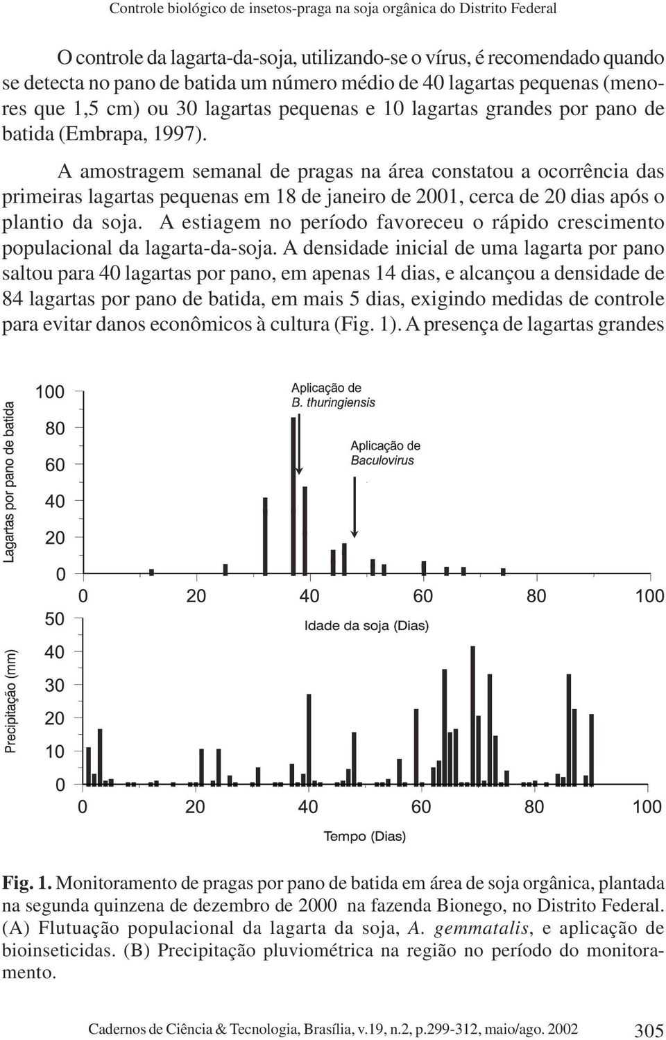 A amostragem semanal de pragas na área constatou a ocorrência das primeiras lagartas pequenas em 18 de janeiro de 2001, cerca de 20 dias após o plantio da soja.