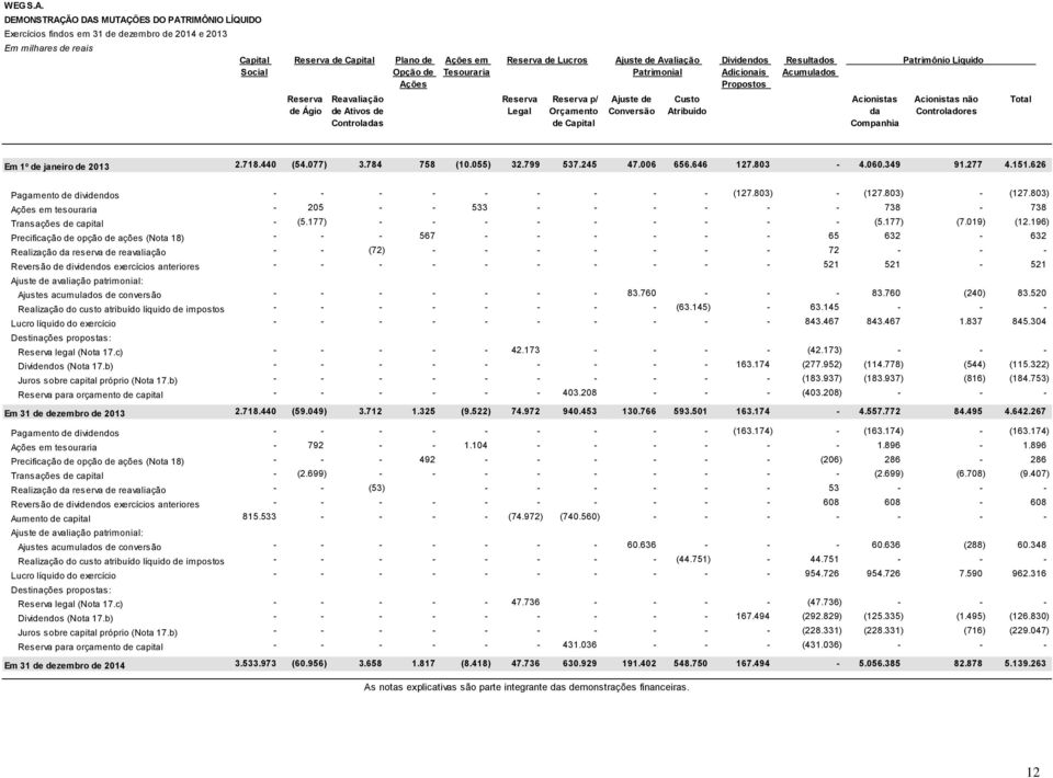 Avaliação Opção de Tesouraria Patrimonial Ações Reserva de Ágio Reavaliação de Ativos de Controladas Reserva Legal Reserva p/ Orçamento de Capital Ajuste de Conversão Custo Atribuído Dividendos