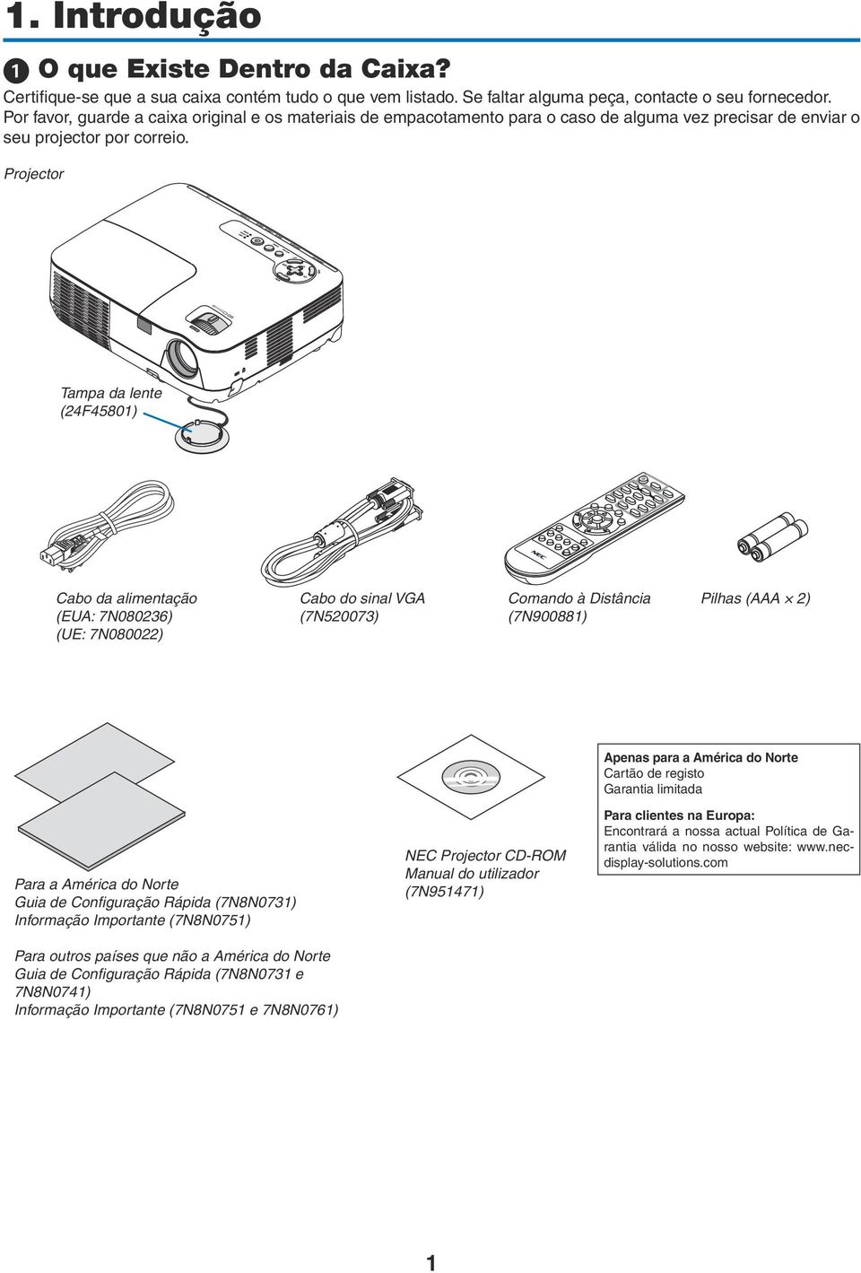 Projector Tampa da lente (24F45801) Cabo da alimentação (EUA: 7N080236) (UE: 7N080022) Cabo do sinal VGA (7N520073) Comando à Distância (7N900881) Pilhas (AAA 2) Para a América do Norte Guia de