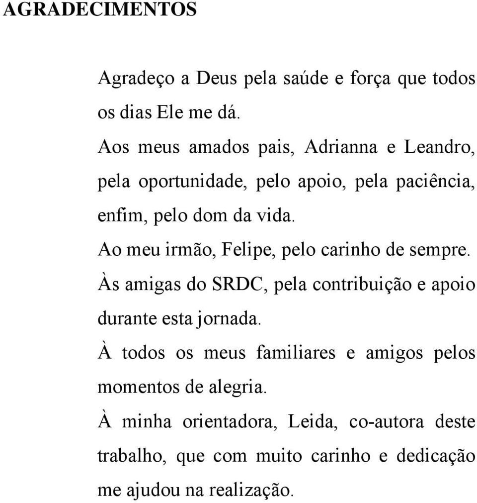 Ao meu irmão, Felipe, pelo carinho de sempre. Às amigas do SRDC, pela contribuição e apoio durante esta jornada.