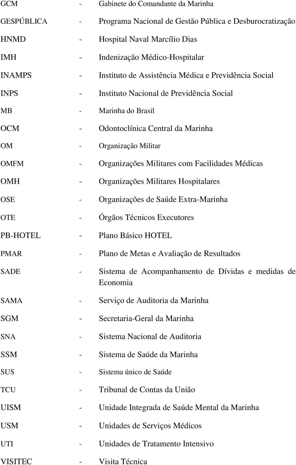 Militares com Facilidades Médicas OMH - Organizações Militares Hospitalares OSE - Organizações de Saúde Extra-Marinha OTE - Órgãos Técnicos Executores PB-HOTEL - Plano Básico HOTEL PMAR - Plano de