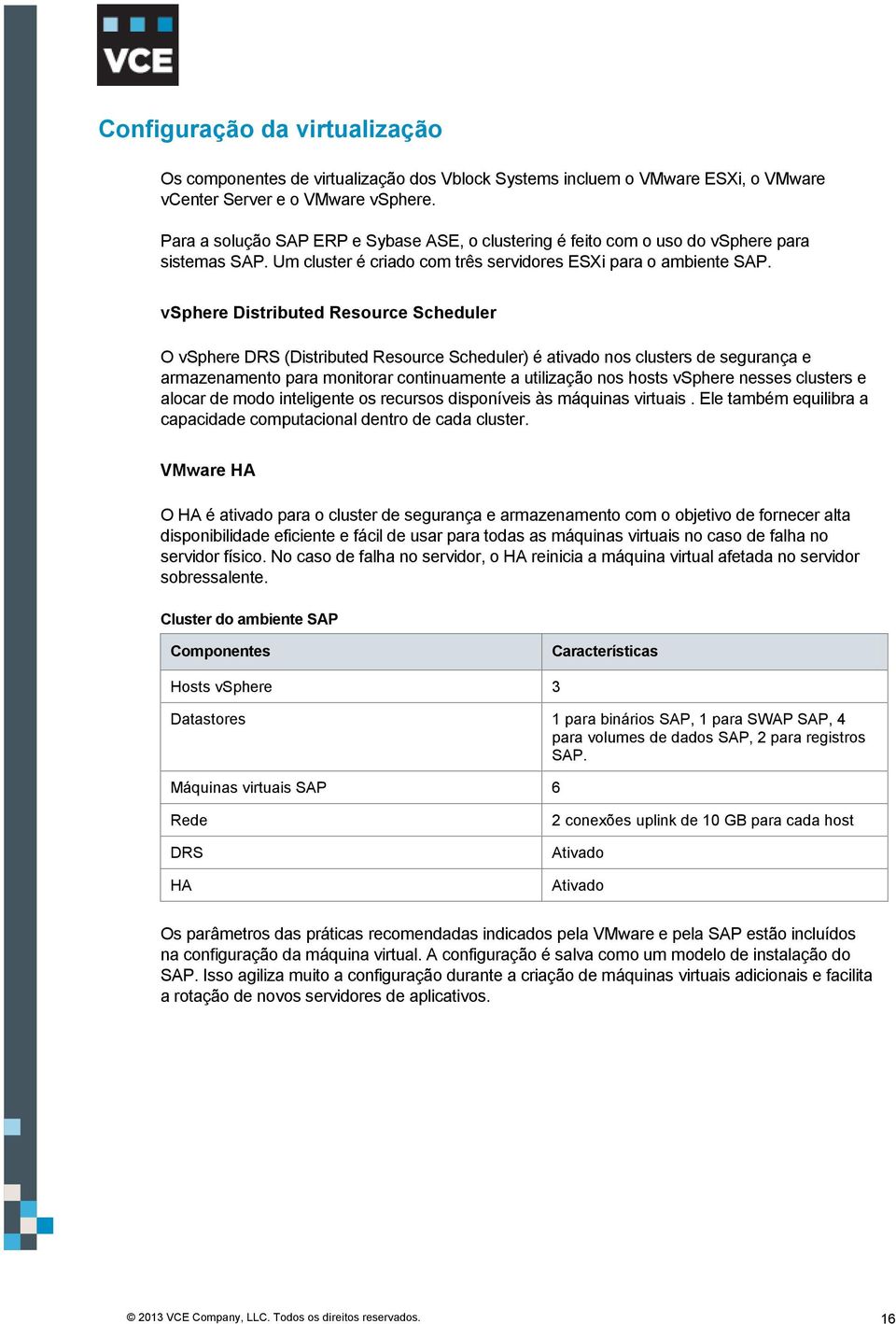 vsphere Distributed Resource Scheduler O vsphere DRS (Distributed Resource Scheduler) é ativado nos clusters de segurança e armazenamento para monitorar continuamente a utilização nos hosts vsphere