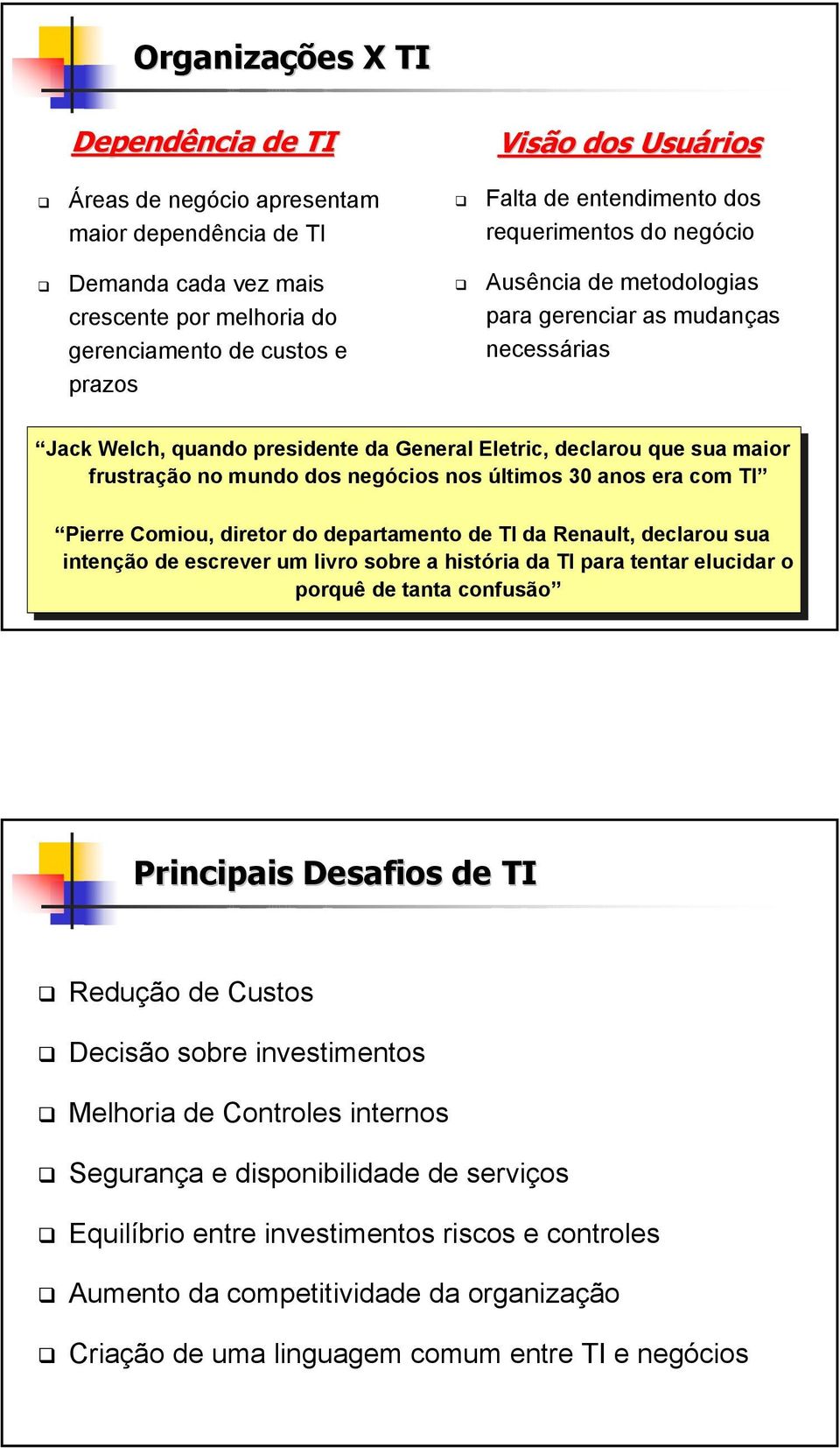 últimos 30 anos era com TI Pierre Comiou, diretor do partamento TI da Renault, clarou sua intenção escrever um livro sobre a história da TI para tentar elucidar o porquê tanta confusão Principais