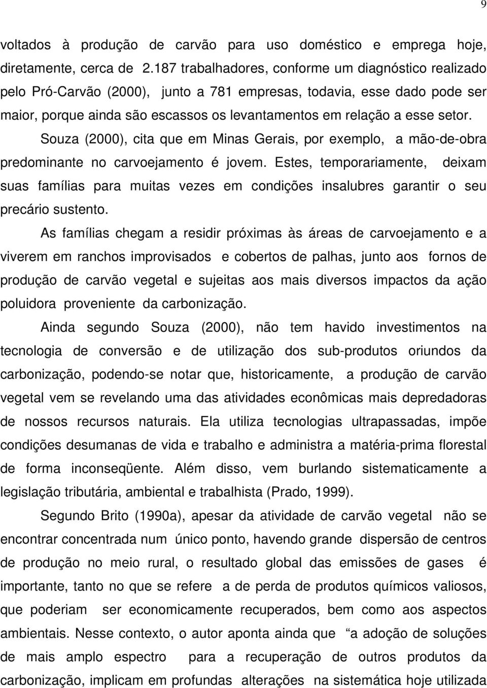 setor. Souza (2000), cita que em Minas Gerais, por exemplo, a mão-de-obra predominante no carvoejamento é jovem.