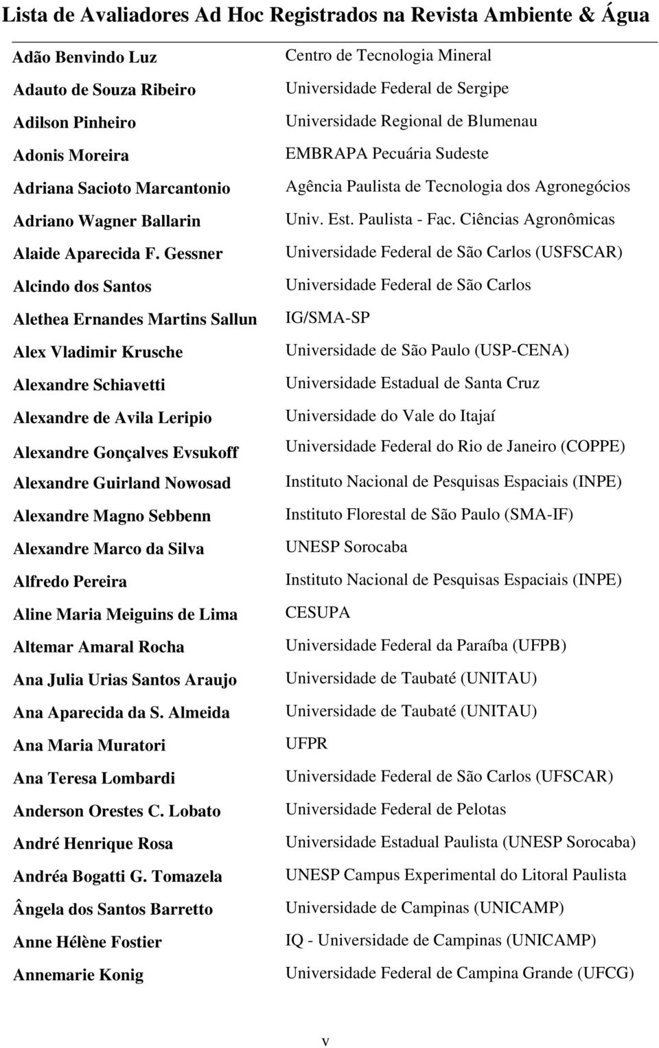 Gessner Alcindo dos Santos Alethea Ernandes Martins Sallun Alex Vladimir Krusche Alexandre Schiavetti Alexandre de Avila Leripio Alexandre Gonçalves Evsukoff Alexandre Guirland Nowosad Alexandre