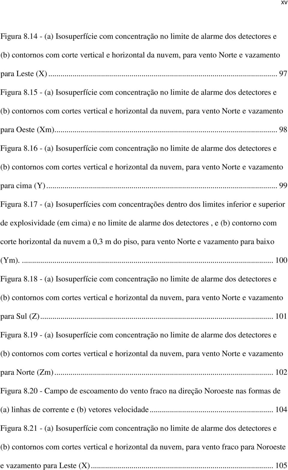 .. 98 Figura 8.16 - (a) Isosuperfície com concentração no limite de alarme dos detectores e (b) contornos com cortes vertical e horizontal da nuvem, para vento Norte e vazamento para cima (Y).