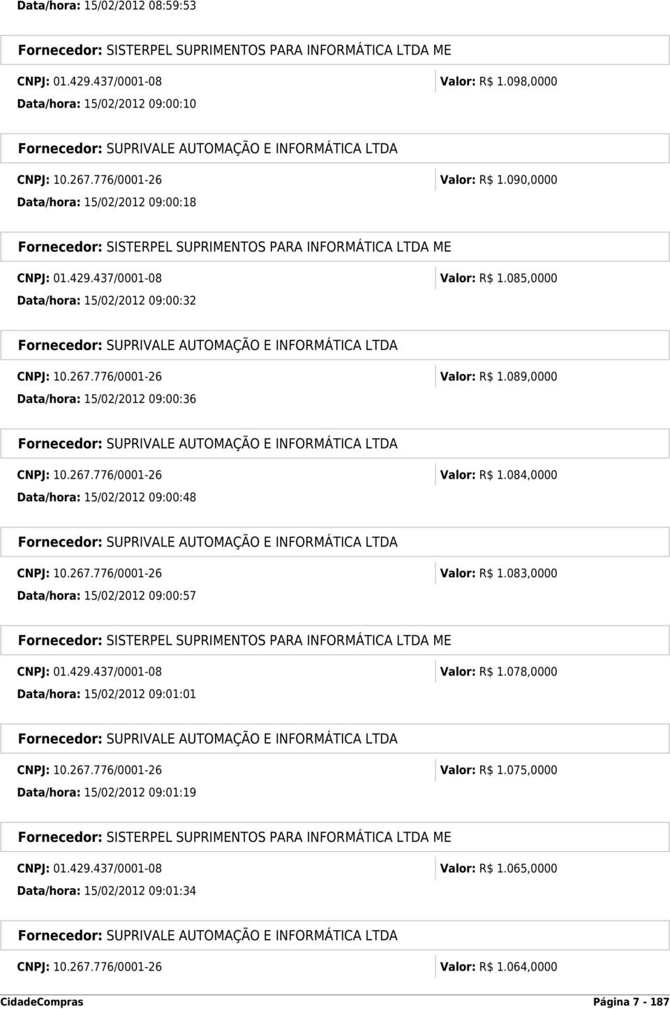 090,0000 Data/hora: 15/02/2012 09:00:18 Fornecedor: SISTERPEL SUPRIMENTOS PARA INFORMÁTICA LTDA ME CNPJ: 01.429.437/0001-08 Valor: R$ 1.