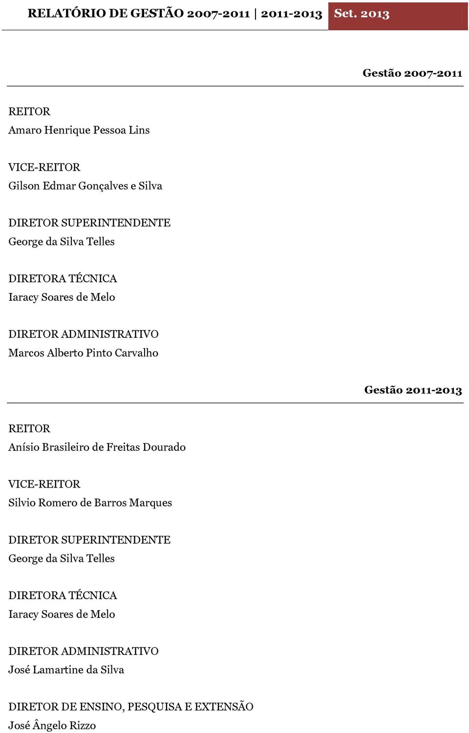 Telles DIRETORA TÉCNICA Iaracy Soares de Melo DIRETOR ADMINISTRATIVO Marcos Alberto Pinto Carvalho Gestão 2011-2013 REITOR Anísio Brasileiro de