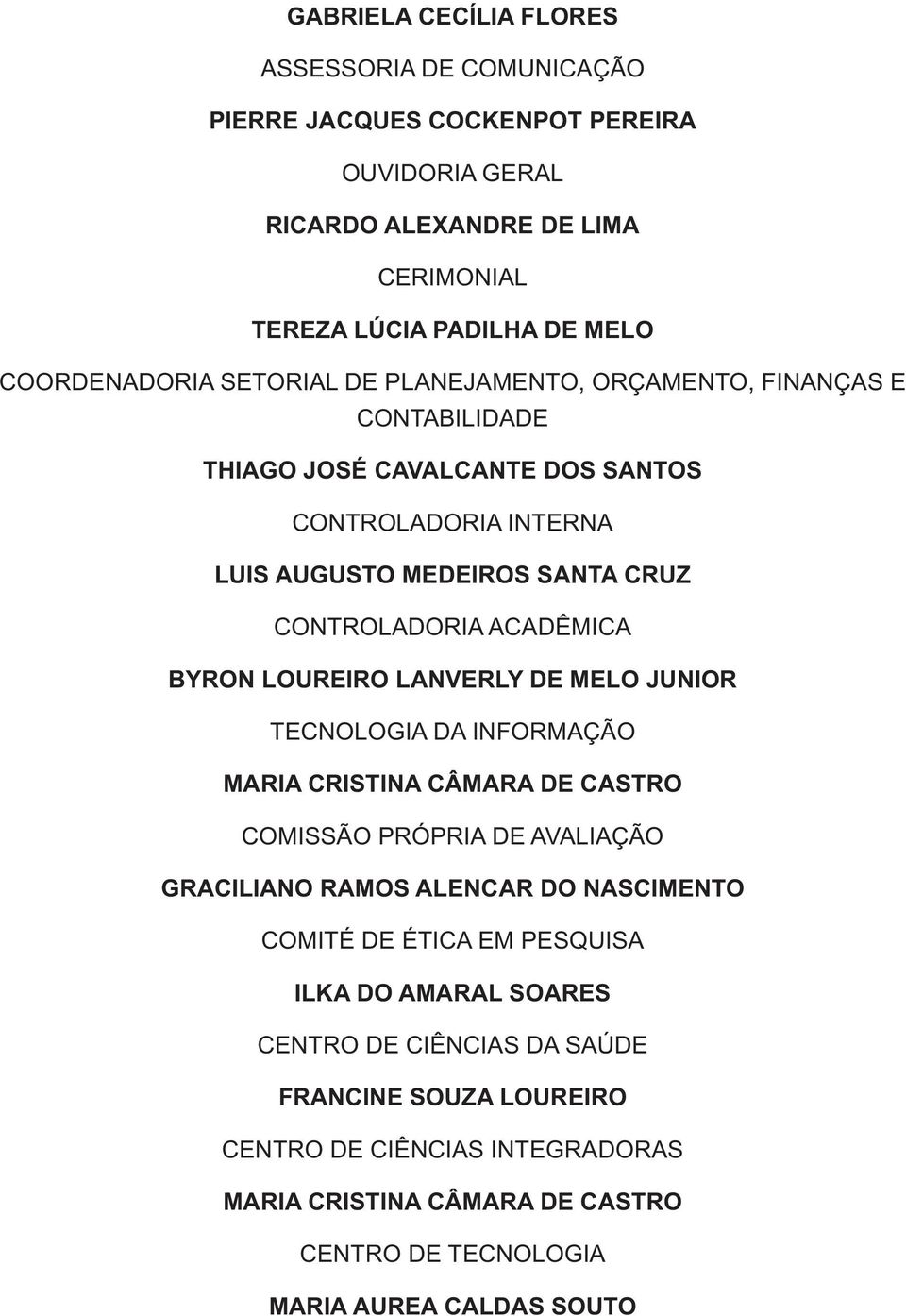 LOUREIRO LANVERLY DE MELO JUNIOR TECNOLOGIA DA INFORMAÇÃO MARIA CRISTINA CÂMARA DE CASTRO COMISSÃO PRÓPRIA DE AVALIAÇÃO GRACILIANO RAMOS ALENCAR DO NASCIMENTO COMITÉ DE ÉTICA EM