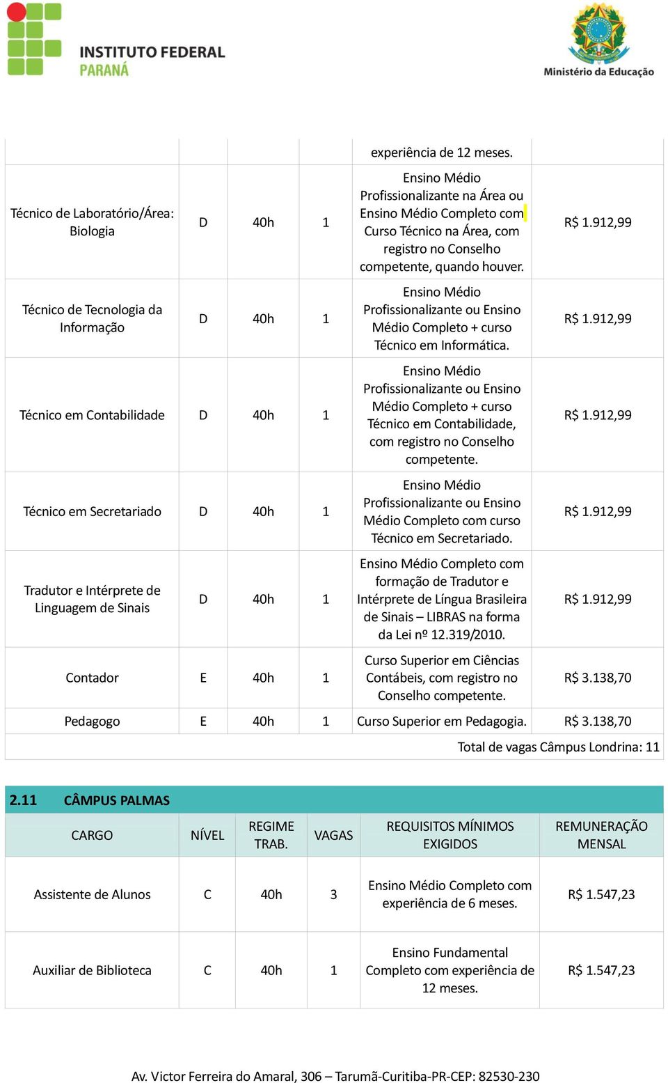 Médio Completo + curso Técnico em Contabilidade, Médio Completo com curso Técnico em Secretariado.