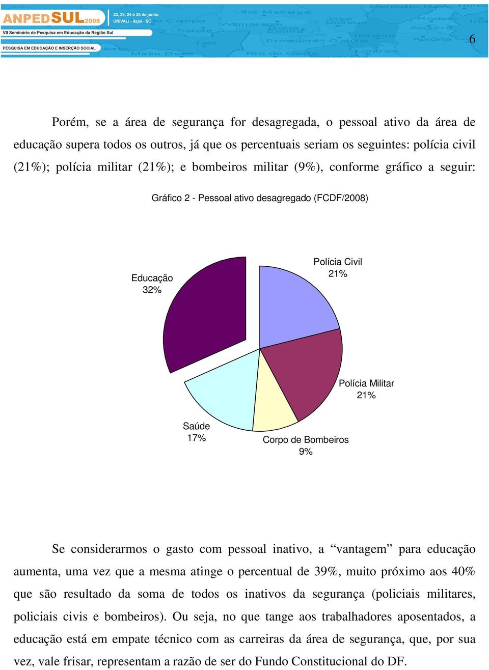 considerarmos o gasto com pessoal inativo, a vantagem para educação aumenta, uma vez que a mesma atinge o percentual de 39%, muito próximo aos 40% que são resultado da soma de todos os inativos da