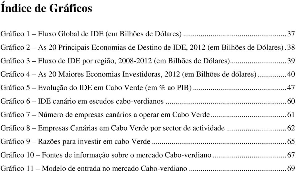 .. 40 Gráfico 5 Evolução do IDE em Cabo Verde (em % ao PIB)... 47 Gráfico 6 IDE canário em escudos cabo-verdianos... 60 Gráfico 7 Número de empresas canários a operar em Cabo Verde.