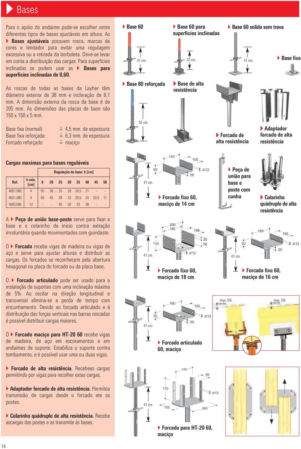 Para superfícies inclinadas se podem usar as Bases para superficies inclinadas de 0,. As roscas de todas as bases da Layher têm diâmetro exterior de 38 mm e inclinação de 8,1 mm.