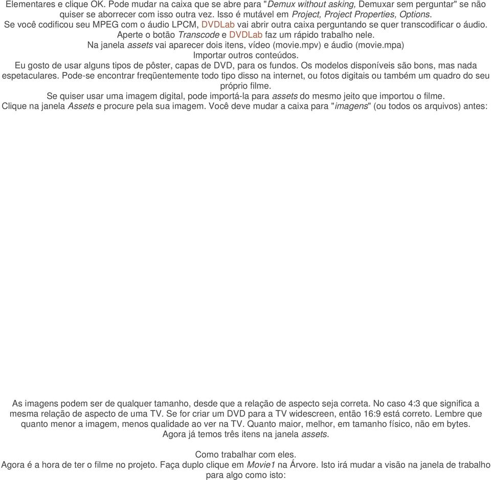Aperte o botão Transcode e DVDLab faz um rápido trabalho nele. Na janela assets vai aparecer dois itens, vídeo (movie.mpv) e áudio (movie.mpa) Importar outros conteúdos.