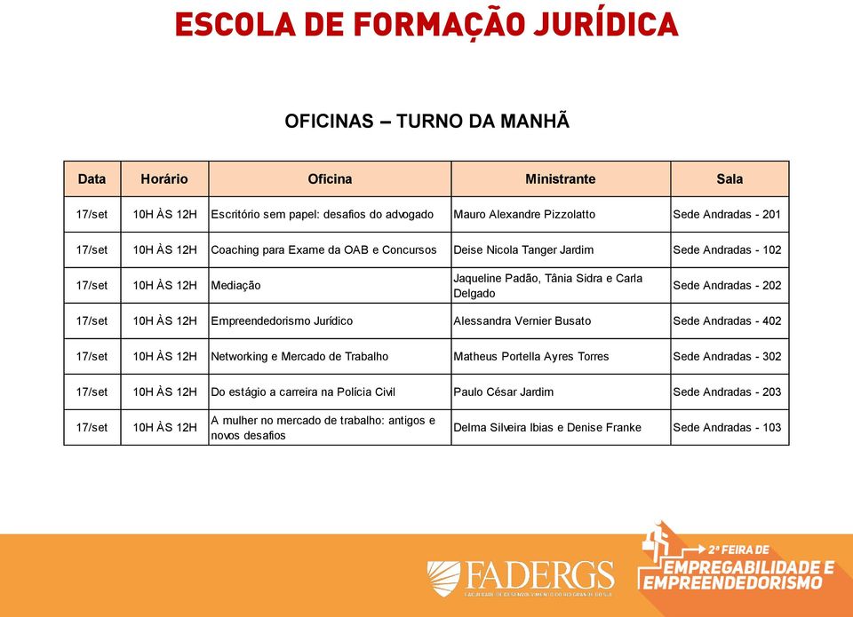 12H Empreendedorismo Jurídico Alessandra Vernier Busato Sede Andradas - 402 10H ÀS 12H Networking e Mercado de Trabalho Matheus Portella Ayres Torres Sede Andradas - 302 10H ÀS 12H Do