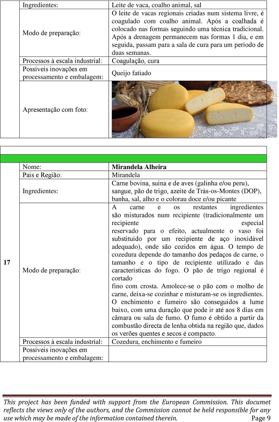 Coagulação, cura Queijo fatiado 17 Mirandela Alheira Mirandela Carne bovina, suína e de aves (galinha e/ou peru), sangue, pão de trigo, azeite de Trás-os-Montes (DOP), banha, sal, alho e o colorau