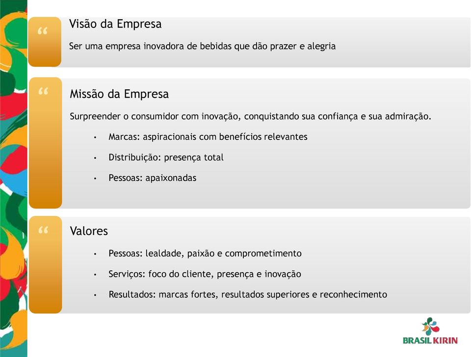 Marcas: aspiracionais com benefícios relevantes Distribuição: presença total Pessoas: apaixonadas Valores Pessoas: