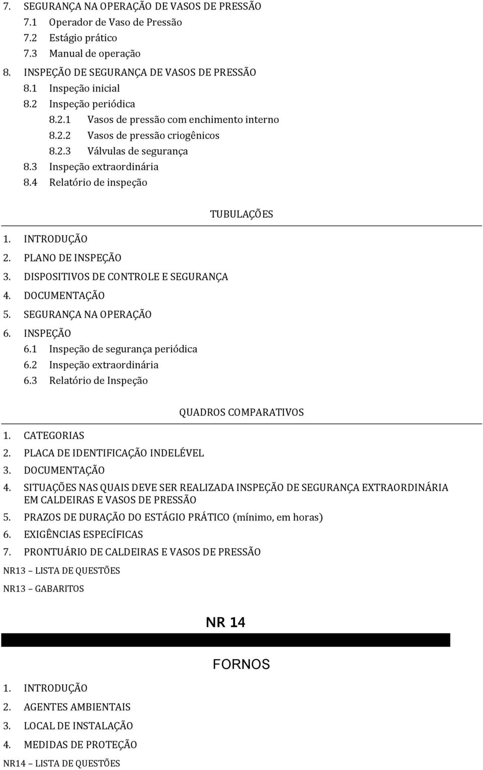 PLANO DE INSPEÇÃO 3. DISPOSITIVOS DE CONTROLE E SEGURANÇA 4. DOCUMENTAÇÃO 5. SEGURANÇA NA OPERAÇÃO 6. INSPEÇÃO 6.1 Inspeção de segurança periódica 6.2 Inspeção extraordinária 6.