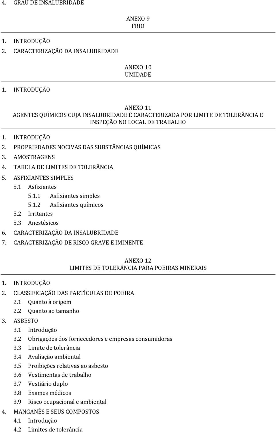 PROPRIEDADES NOCIVAS DAS SUBSTÂNCIAS QUÍMICAS 3. AMOSTRAGENS 4. TABELA DE LIMITES DE TOLERÂNCIA 5. ASFIXIANTES SIMPLES 5.1 Asfixiantes 5.1.1 Asfixiantes simples 5.1.2 Asfixiantes químicos 5.