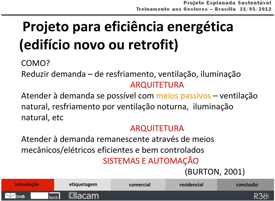 meios passivos ventilação natural, resfriamento por ventilação noturna, iluminação natural, etc