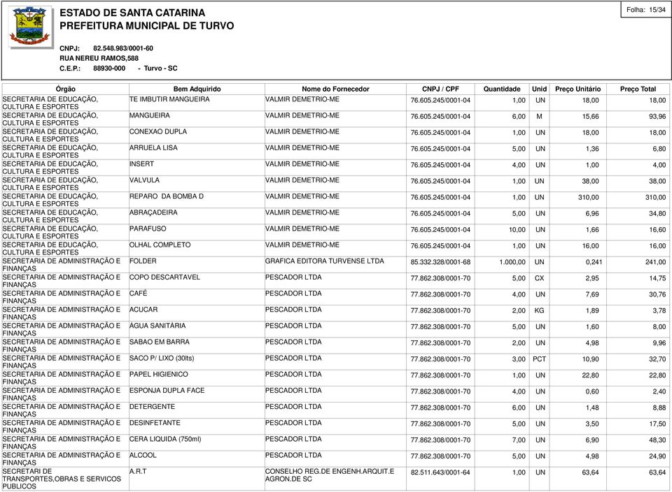 605.245/0001-04 1,00 UN 310,00 310,00 ABRAÇADEIRA VALMIR DEMETRIO-ME 76.605.245/0001-04 5,00 UN 6,96 34,80 PARAFUSO VALMIR DEMETRIO-ME 76.605.245/0001-04 10,00 UN 1,66 16,60 OLHAL COMPLETO VALMIR DEMETRIO-ME 76.