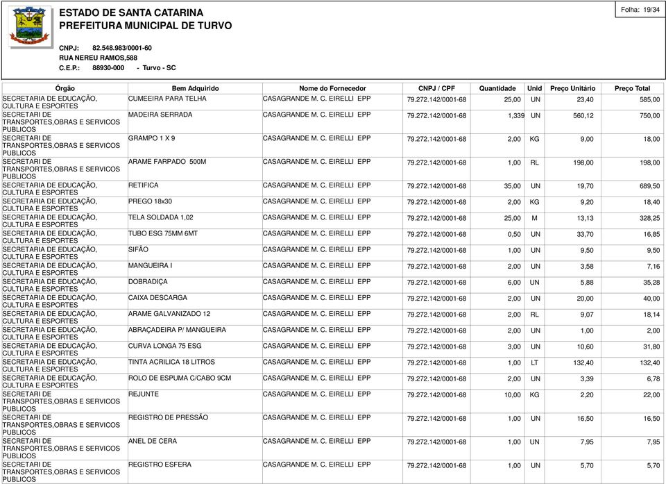 C. EIRELLI EPP 79.272.142/0001-68 2,00 KG 9,20 18,40 TELA SOLDADA 1,02 CASAGRANDE M. C. EIRELLI EPP 79.272.142/0001-68 25,00 M 13,13 328,25 TUBO ESG 75MM 6MT CASAGRANDE M. C. EIRELLI EPP 79.272.142/0001-68 0,50 UN 33,70 16,85 SIFÃO CASAGRANDE M.