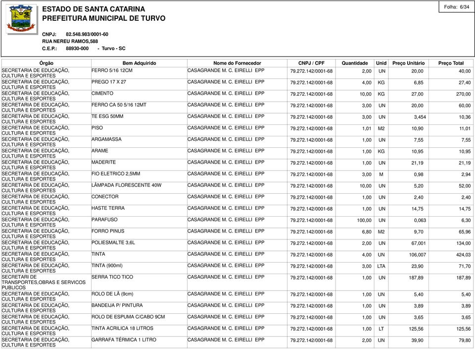 C. EIRELLI EPP 79.272.142/0001-68 1,01 M2 10,90 11,01 ARGAMASSA CASAGRANDE M. C. EIRELLI EPP 79.272.142/0001-68 1,00 UN 7,55 7,55 ARAME CASAGRANDE M. C. EIRELLI EPP 79.272.142/0001-68 1,00 KG 10,95 10,95 MADERITE CASAGRANDE M.