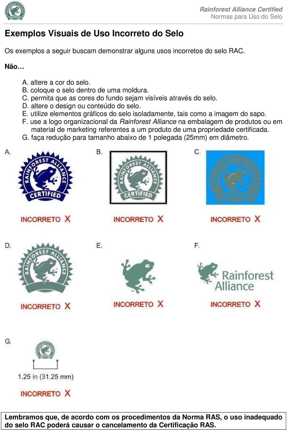 F. use a logo organizacional da Rainforest Alliance na embalagem de produtos ou em material de marketing referentes a um produto de uma propriedade certificada. G.