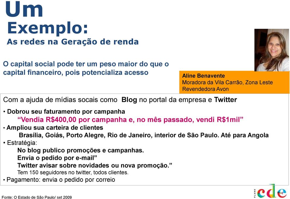 R$1mil Ampliou sua carteira de clientes Brasília, Goiás, Porto Alegre, Rio de Janeiro, interior de São Paulo. Até para Angola Estratégia: No blog publico promoções e campanhas.