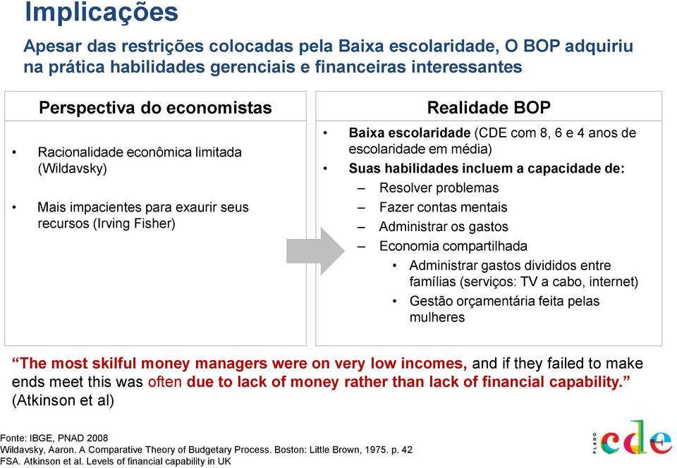 capacidade de: Resolver problemas Fazer contas mentais Administrar os gastos Economia compartilhada Administrar gastos divididos entre famílias (serviços: TV a cabo, internet) Gestão orçamentária