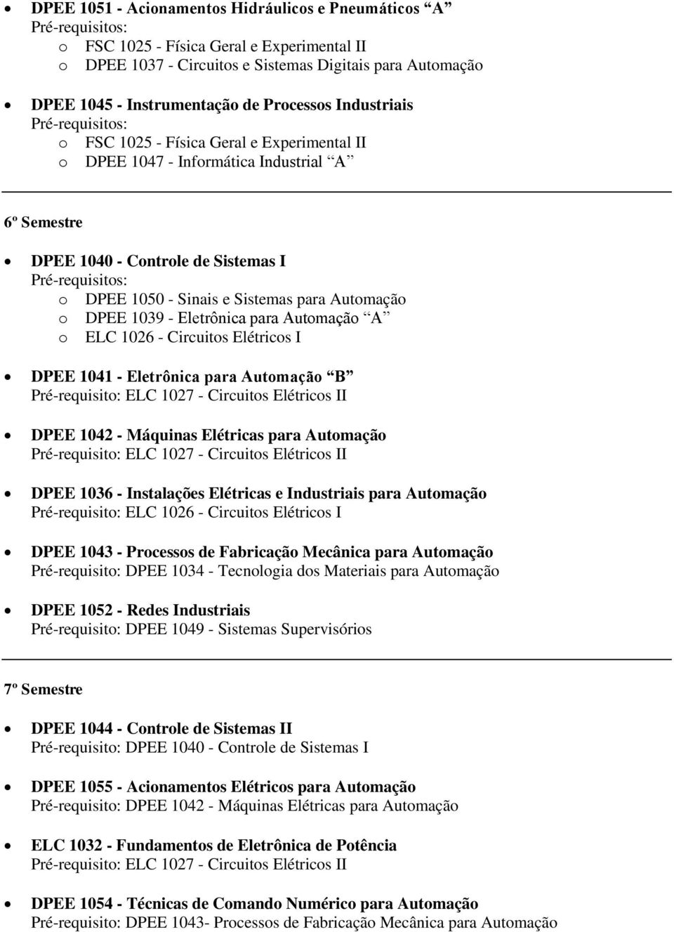 Eletrônica para Automação B DPEE 1042 - Máquinas Elétricas para Automação DPEE 1036 - Instalações Elétricas e Industriais para Automação DPEE 1043 - Processos de Fabricação Mecânica para Automação