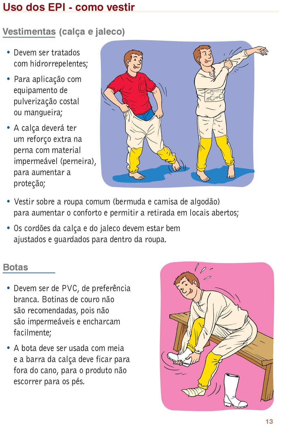 retirada em locais abertos; Os cordões da calça e do jaleco devem estar bem ajustados e guardados para dentro da roupa. Botas Devem ser de PVC, de preferência branca.