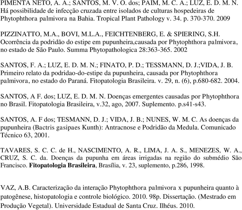 Summa Phytopathologica 28:363-365. 2002 SANTOS, F. A.; LUZ, E. D. M. N.; FINATO, P. D.; TESSMANN, D. J.;VIDA, J. B.