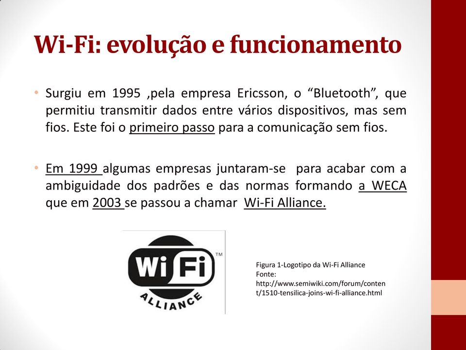 Em 1999 algumas empresas juntaram-se para acabar com a ambiguidade dos padrões e das normas formando a WECA que em 2003