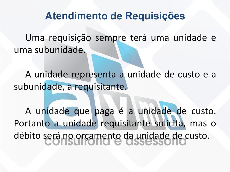 A unidade representa a unidade de custo e a subunidade, a requisitante.