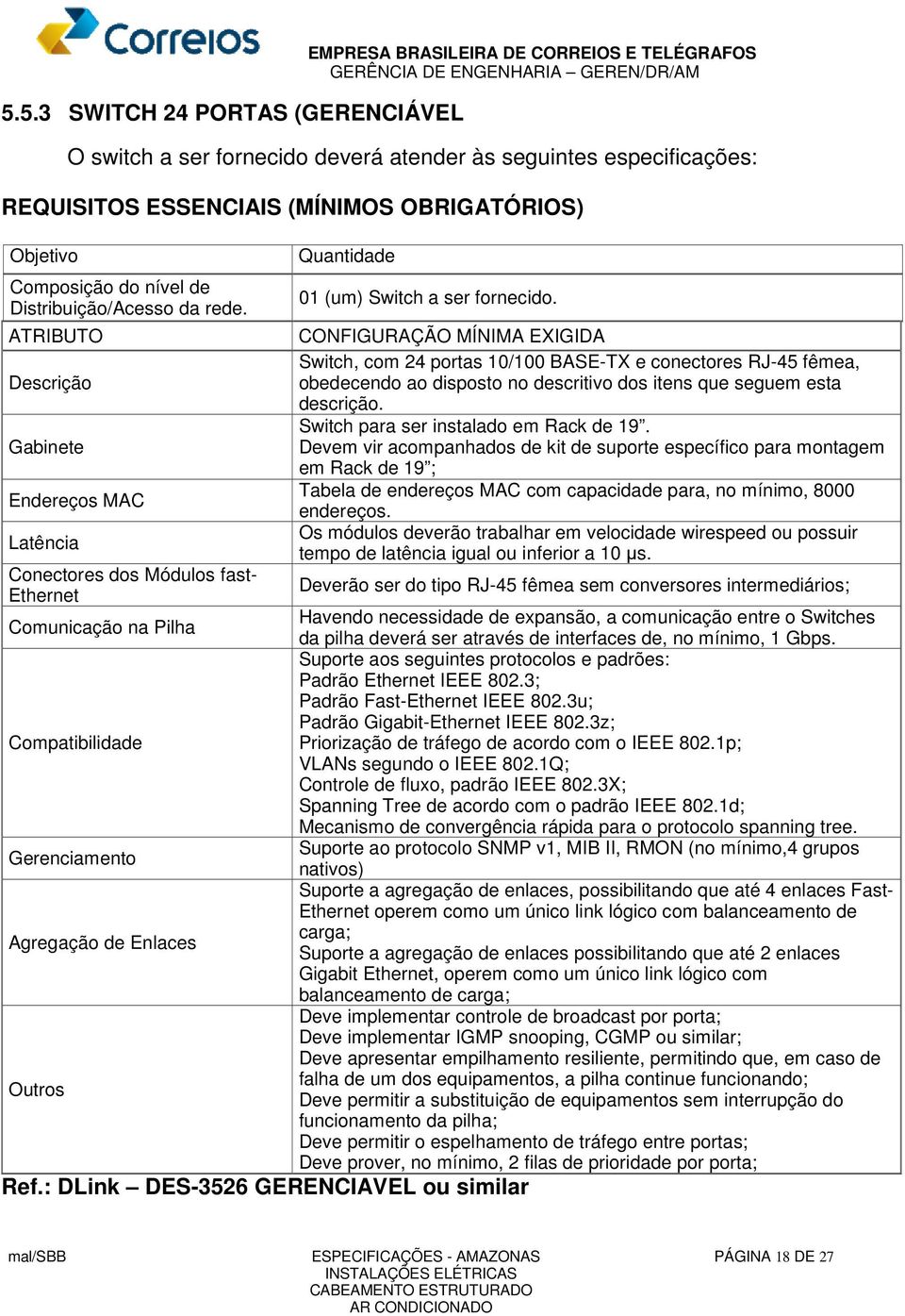 ATRIBUTO Descrição Gabinete Endereços MAC Latência Conectores dos Módulos fast- Ethernet Comunicação na Pilha Compatibilidade Gerenciamento Agregação de Enlaces Outros Quantidade 01 (um) Switch a ser