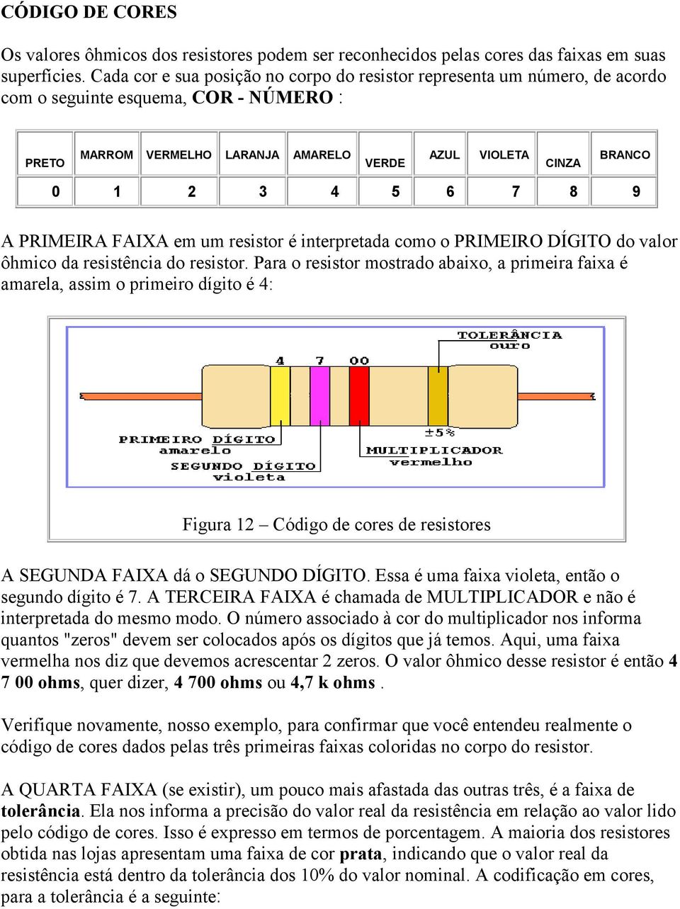 7 8 9 A PRIMEIRA FAIXA em um resistor é interpretada como o PRIMEIRO DÍGITO do valor ôhmico da resistência do resistor.