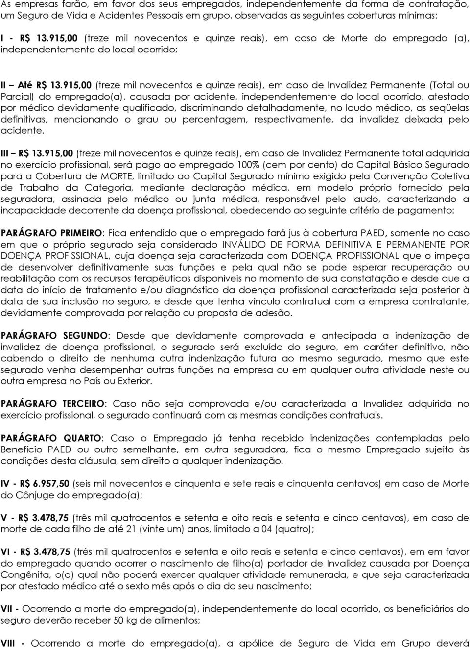 915,00 (treze mil novecentos e quinze reais), em caso de Invalidez Permanente (Total ou Parcial) do empregado(a), causada por acidente, independentemente do local ocorrido, atestado por médico