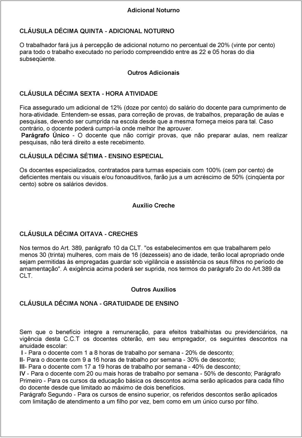 Outros Adicionais CLÁUSULA DÉCIMA SEXTA - HORA ATIVIDADE Fica assegurado um adicional de 12% (doze por cento) do salário do docente para cumprimento de hora-atividade.