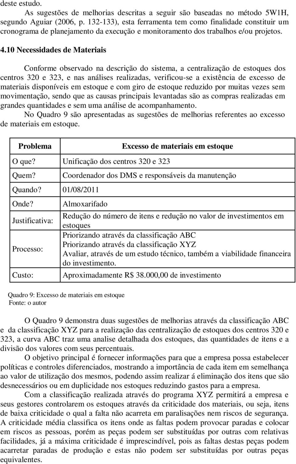 10 Necessidades de Materiais Conforme observado na descrição do sistema, a centralização de estoques dos centros 320 e 323, e nas análises realizadas, verificou-se a existência de excesso de