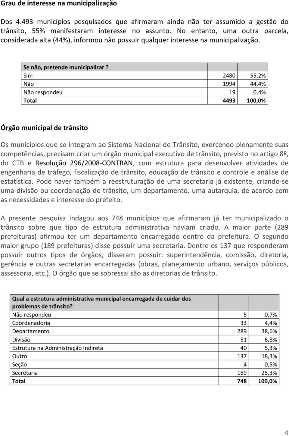 Sim 2480 55,2% Não 1994 44,4% Não respondeu 19 0,4% Total 4493 100,0% Órgão municipal de trânsito Os municípios que se integram ao Sistema Nacional de Trânsito, exercendo plenamente suas