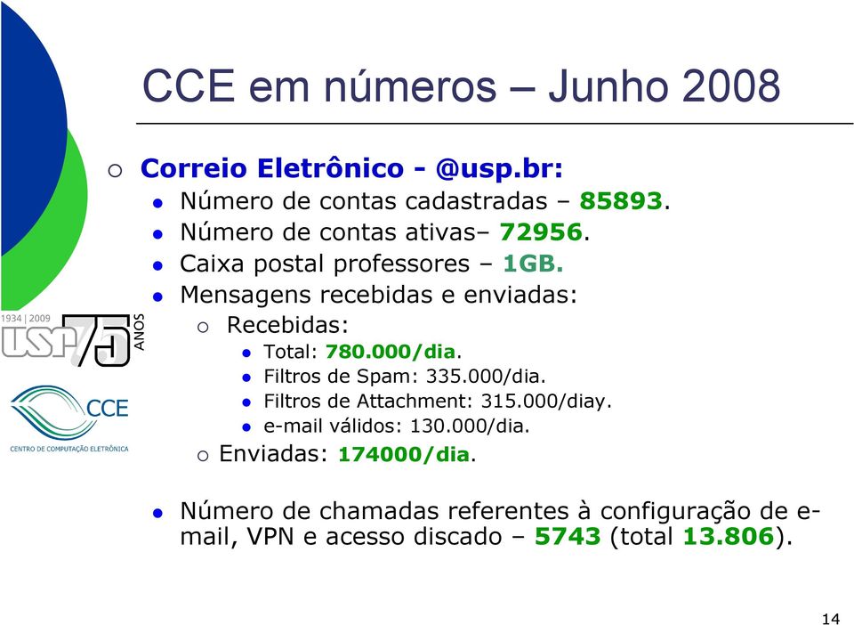 Mensagens recebidas e enviadas: Recebidas: Total: 780.000/dia. Filtros de Spam: 335.000/dia. Filtros de Attachment: 315.