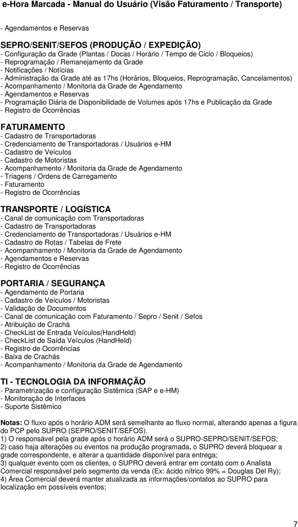 Programação Diária de Disponibilidade de Volumes após 17hs e Publicação da Grade - Registro de Ocorrências FATURAMENTO - Cadastro de Transportadoras - Credenciamento de Transportadoras / Usuários