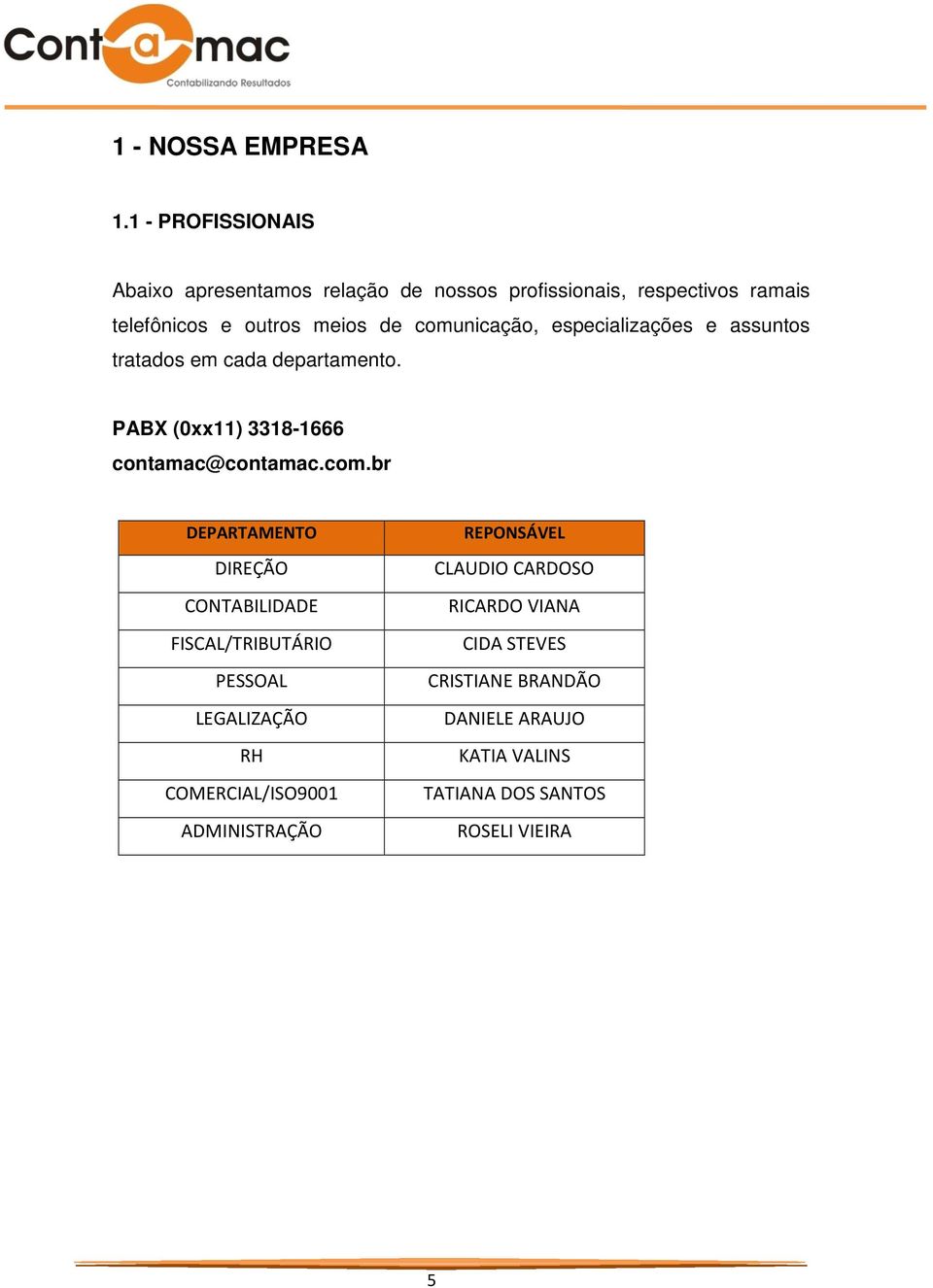 comunicação, especializações e assuntos tratados em cada departamento. PABX (0xx11) 3318-1666 contamac@contamac.com.br